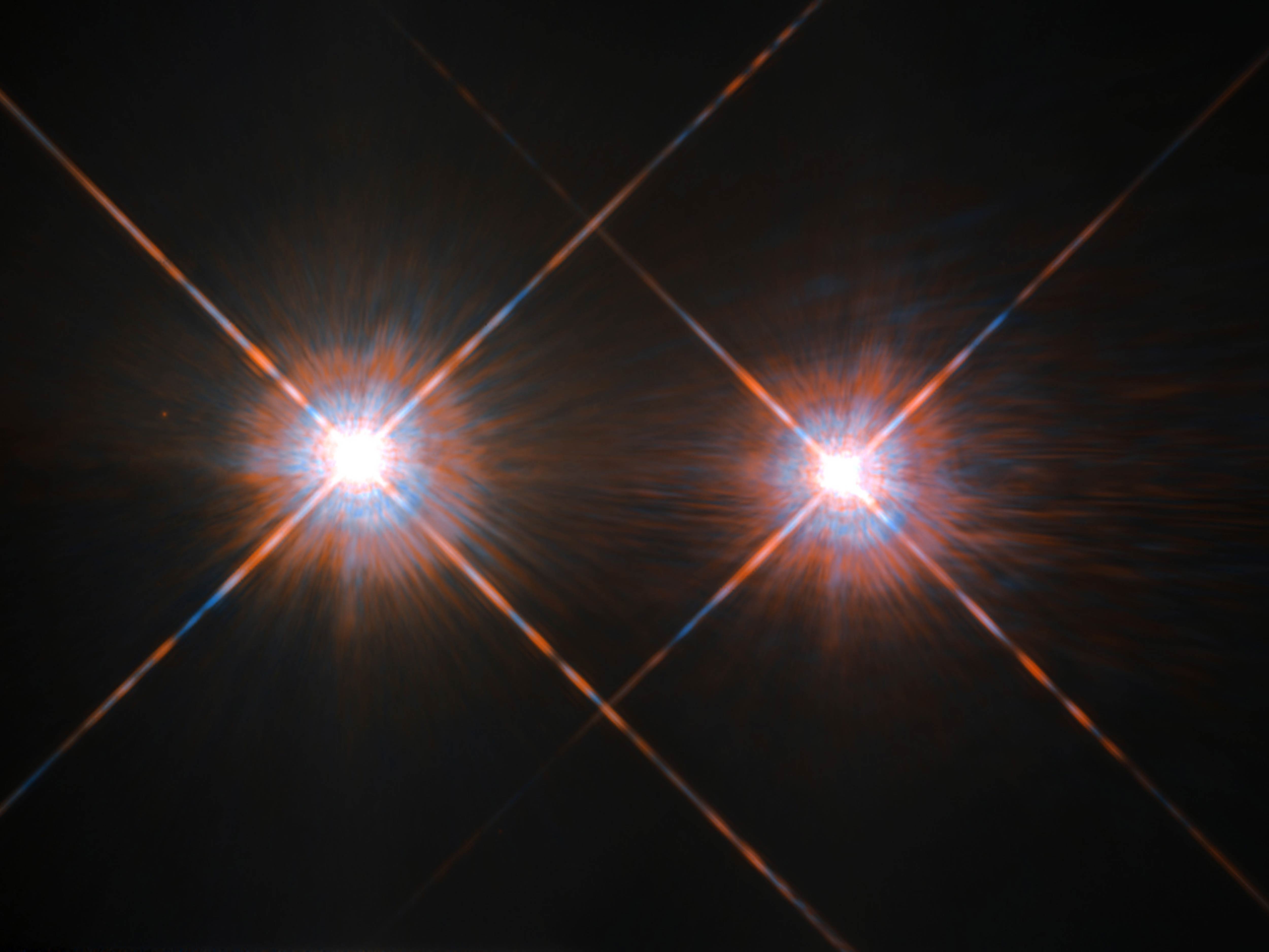 Alpha Centauri A (left) and Alpha Centauri B imaged by the Hubble Space Telescope. Alpha Centauri A (left) and Alpha Centauri B imaged by the Hubble Space Telescope.